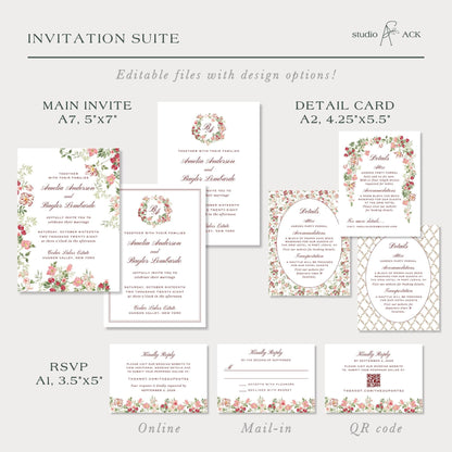 Dusty Pink Floral Wedding Invitation Suite Template