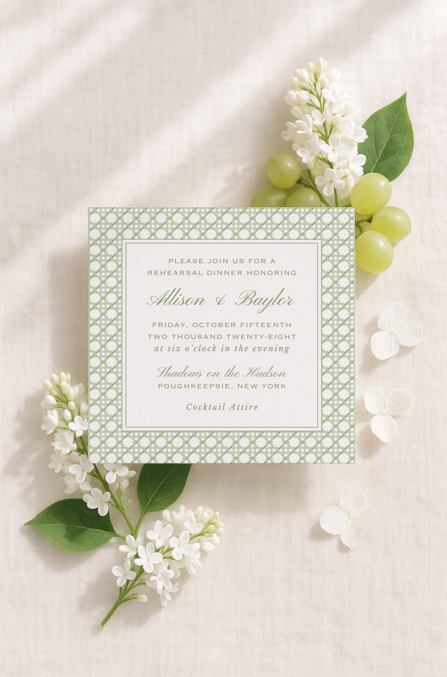 Green Rattan Rehearsal Dinner Invitation