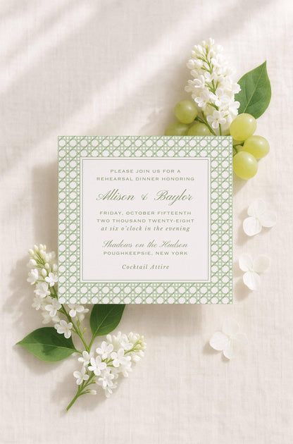 Green Rattan Rehearsal Dinner Invitation