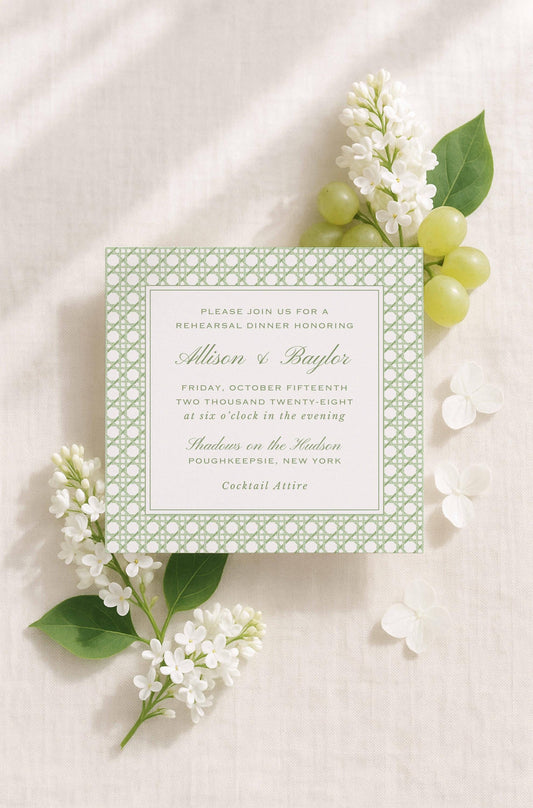 Green Rattan Rehearsal Dinner Invitation
