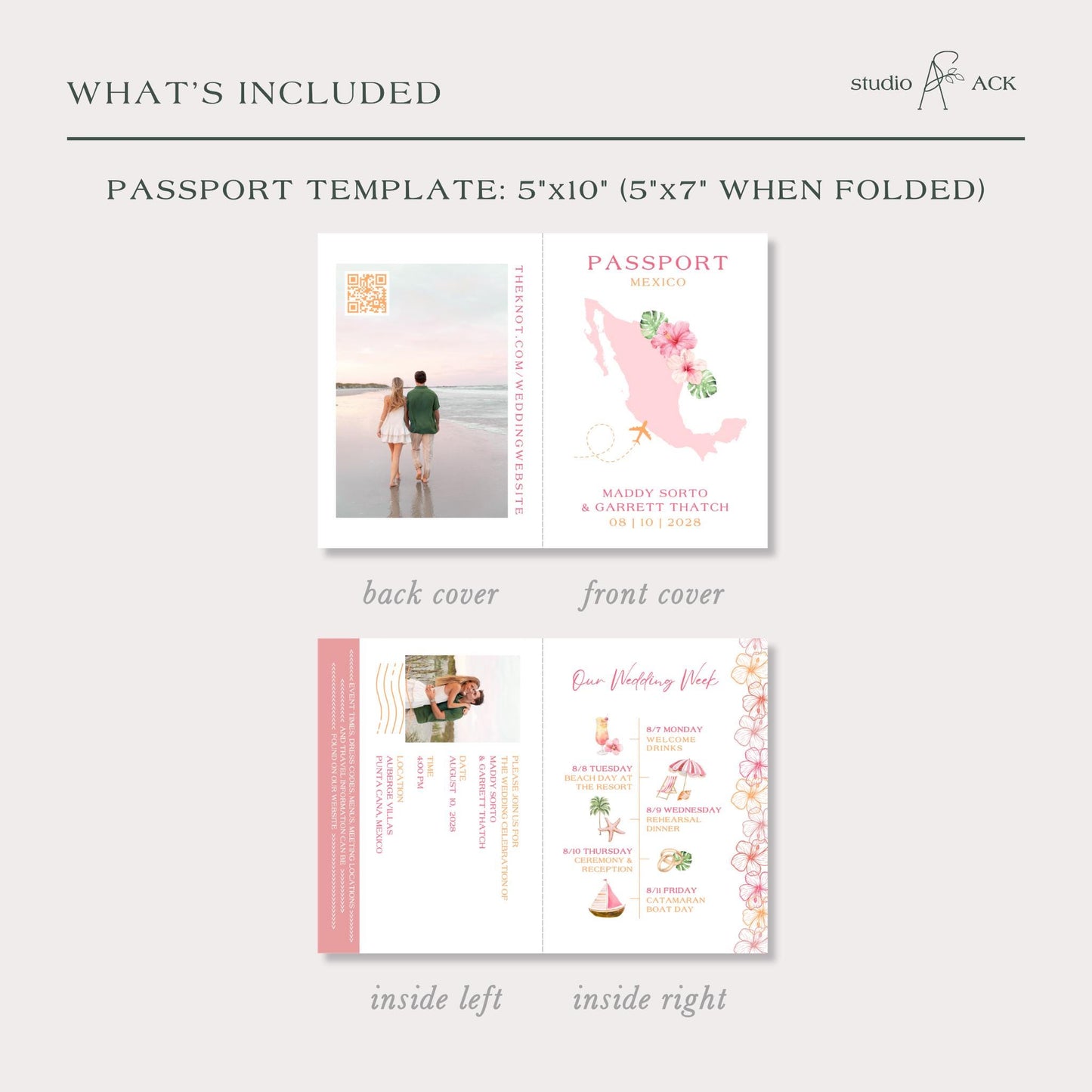 Pink & Orange Tropical Wedding Passport Invitation Template