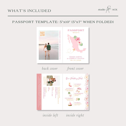 Pink & Orange Tropical Wedding Passport Invitation Template