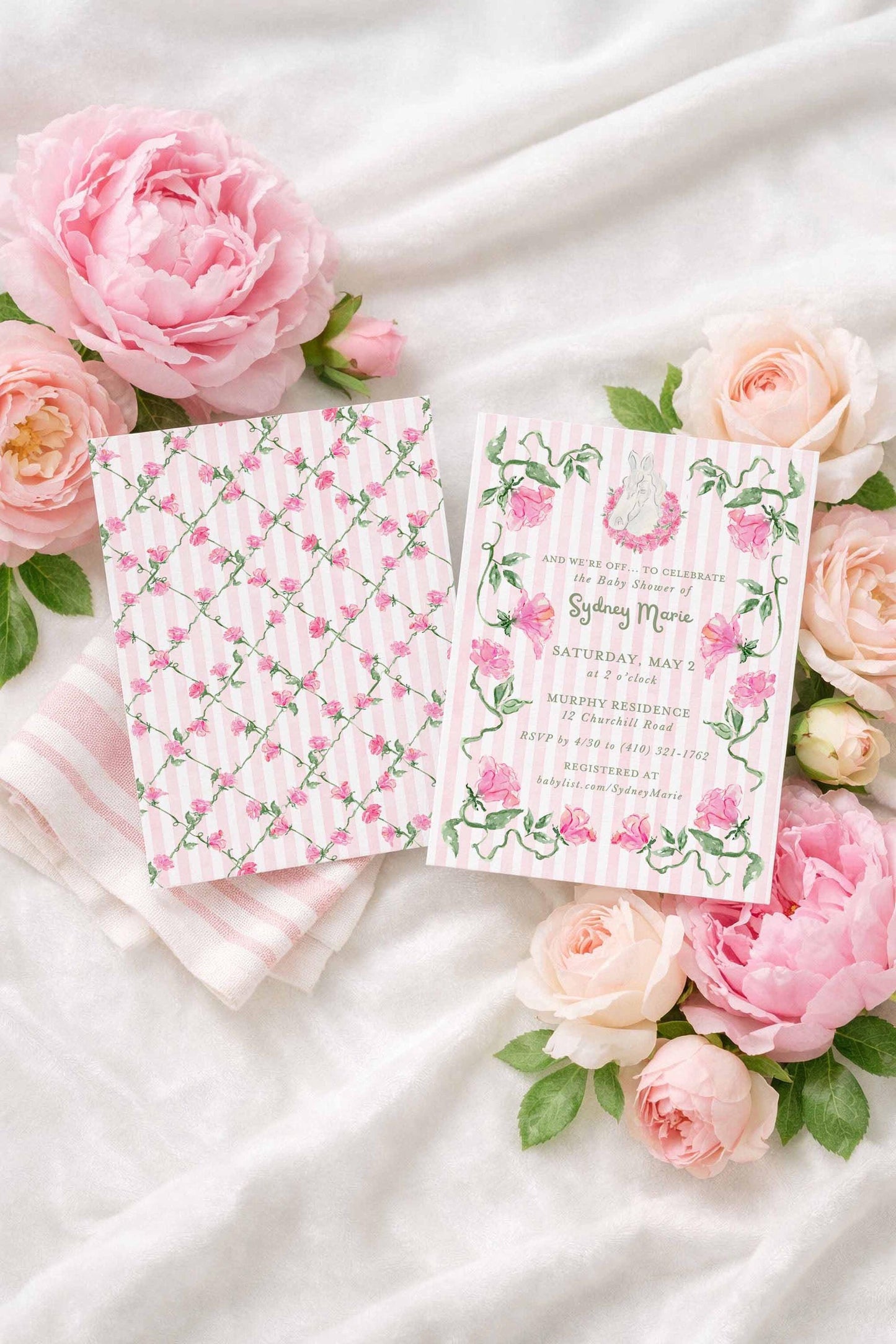 Striped Baby Shower Invitation Template | Green or Pink