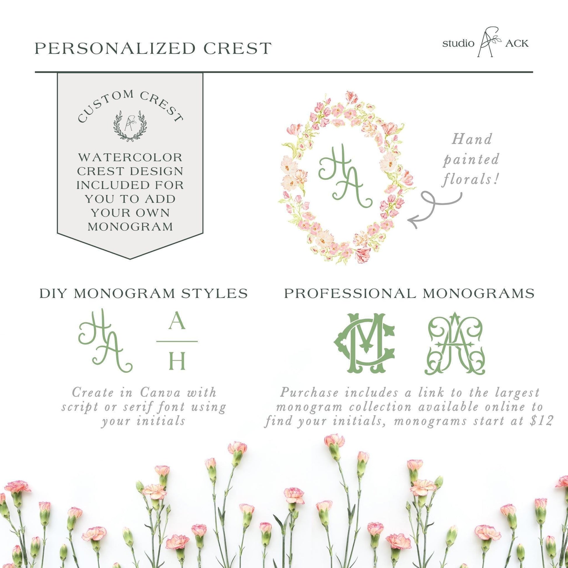 The image is a collage of various images related to personalized crest designs, including a hand-painted floral monogram, a DIY monogram style, and a professional monogram style. The images showcase different ways to create a personalized crest design, such as using a script or serif font and including a watercolor design. The images also highlight the customization options available for the design, such as adding initials and purchasing a larger monogram collection.