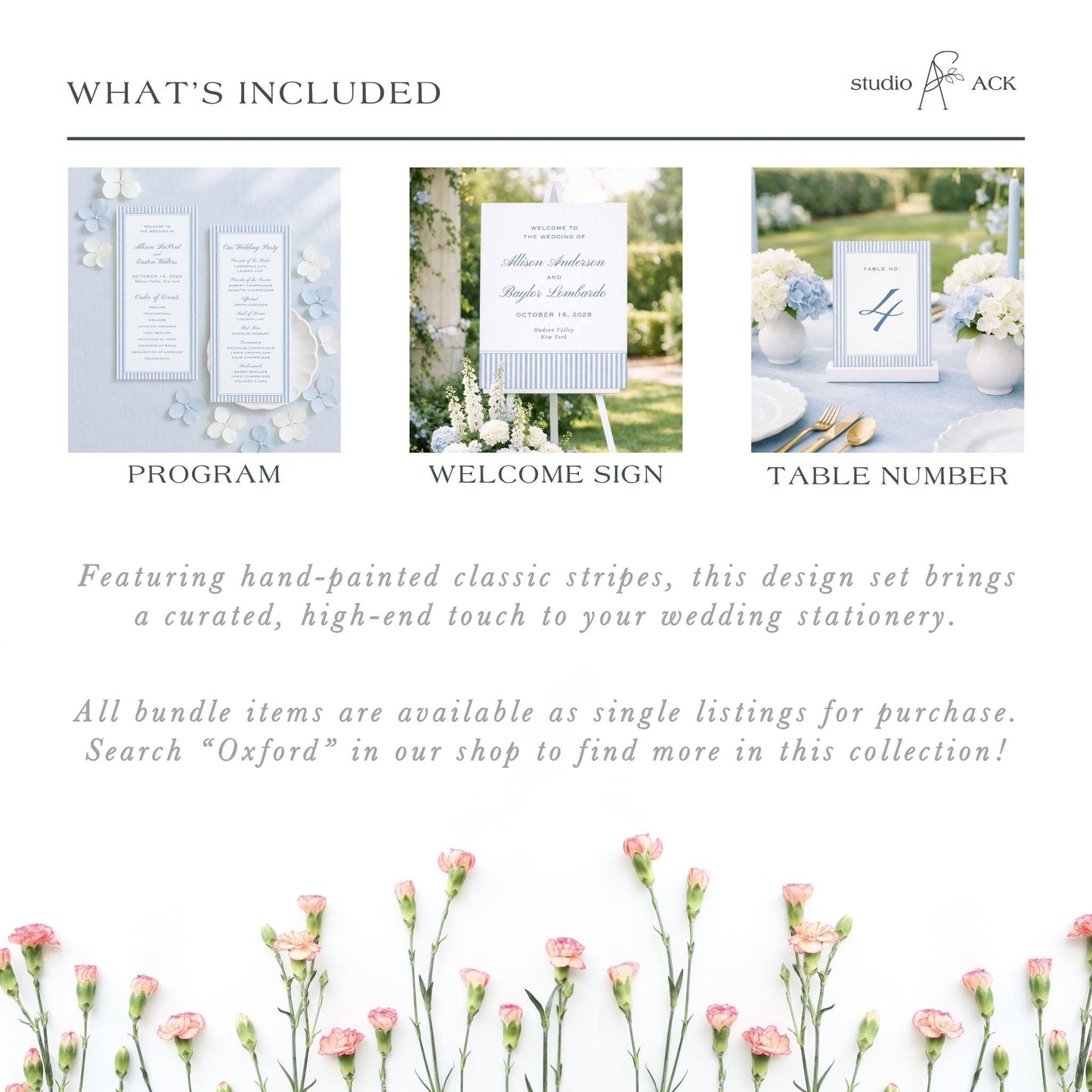 The image is a collage of three different wedding stationery items, including a program, a welcome sign, and a table number. The items are arranged in a way that showcases their unique features and designs.