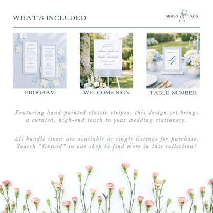 The image is a collage of three different wedding stationery items, including a program, a welcome sign, and a table number. The items are arranged in a way that showcases their unique features and designs.