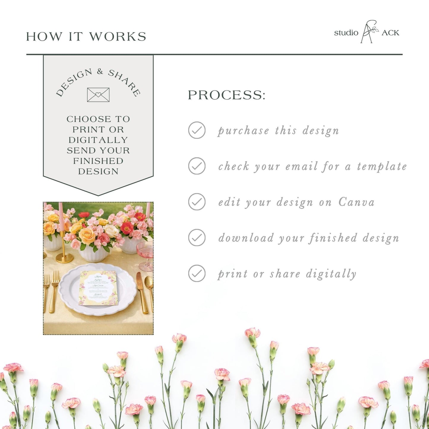 The image is a collage of two images. The top image shows a table with a white plate, goldware, and a vase of pink and white flowers. The bottom image features a white plate with a white card, goldware, and a vase of pink and white flowers.