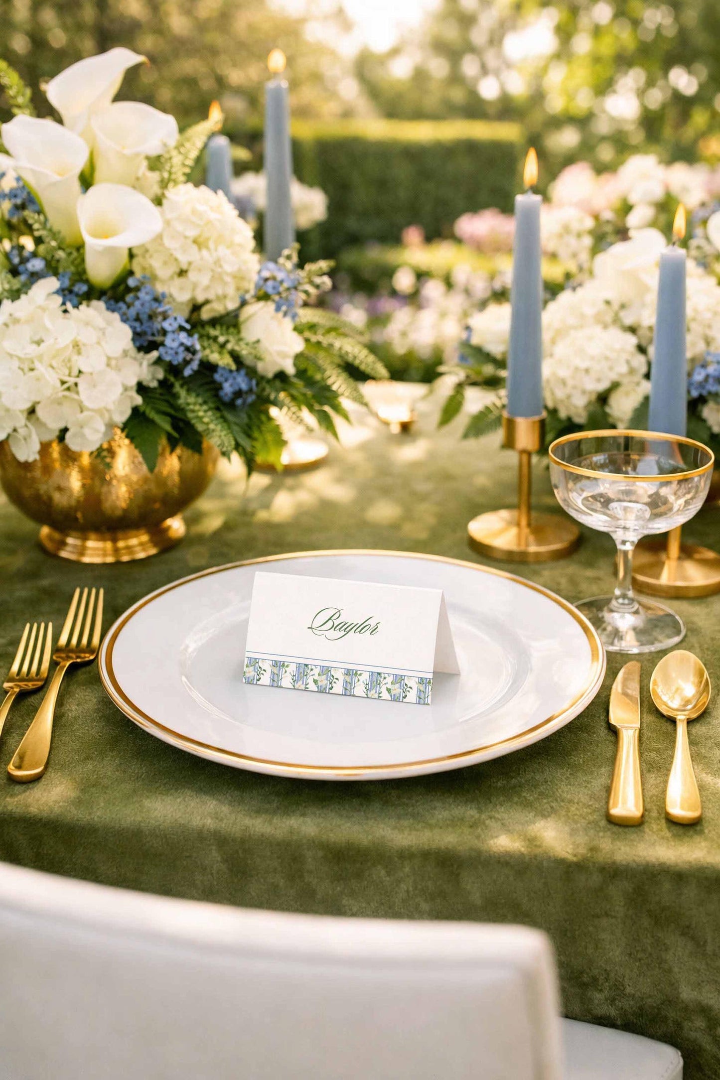 Blue, White & Green Wedding Place Card Template