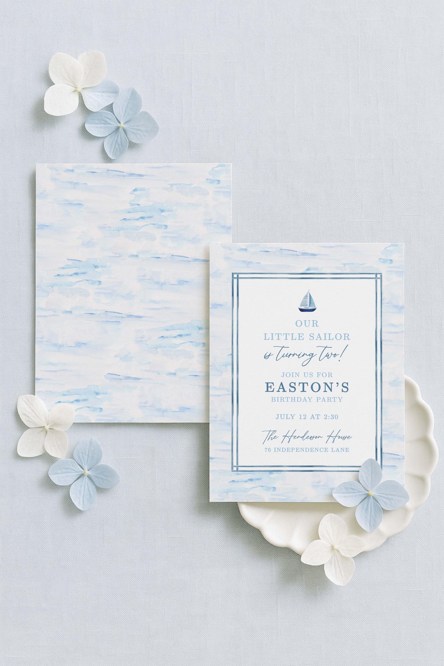 Our Little Sailor Birthday Invitation Template, Blue Nautical Watercolor Sailboat Invite, Sailboat Digital Printable for Boy Birthday Party