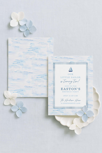 Our Little Sailor Birthday Invitation Template, Blue Nautical Watercolor Sailboat Invite, Sailboat Digital Printable for Boy Birthday Party