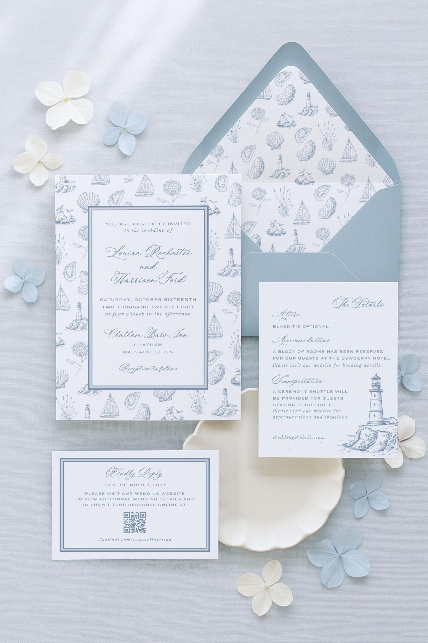 Coastal Toile Wedding Invitation Suite Template