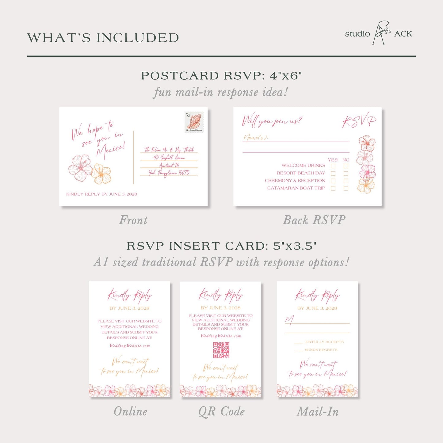 Pink & Orange Tropical Wedding Passport Invitation Template