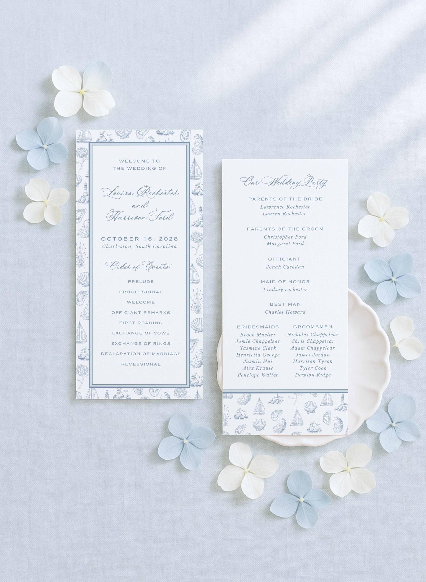 Coastal Toile Wedding Program Template