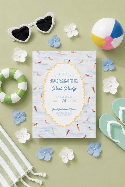 Summer Pool Party Invitation Template, Fun Hand Painted Watercolor Swim Party Invite, Summer Celebration, Poolside Event