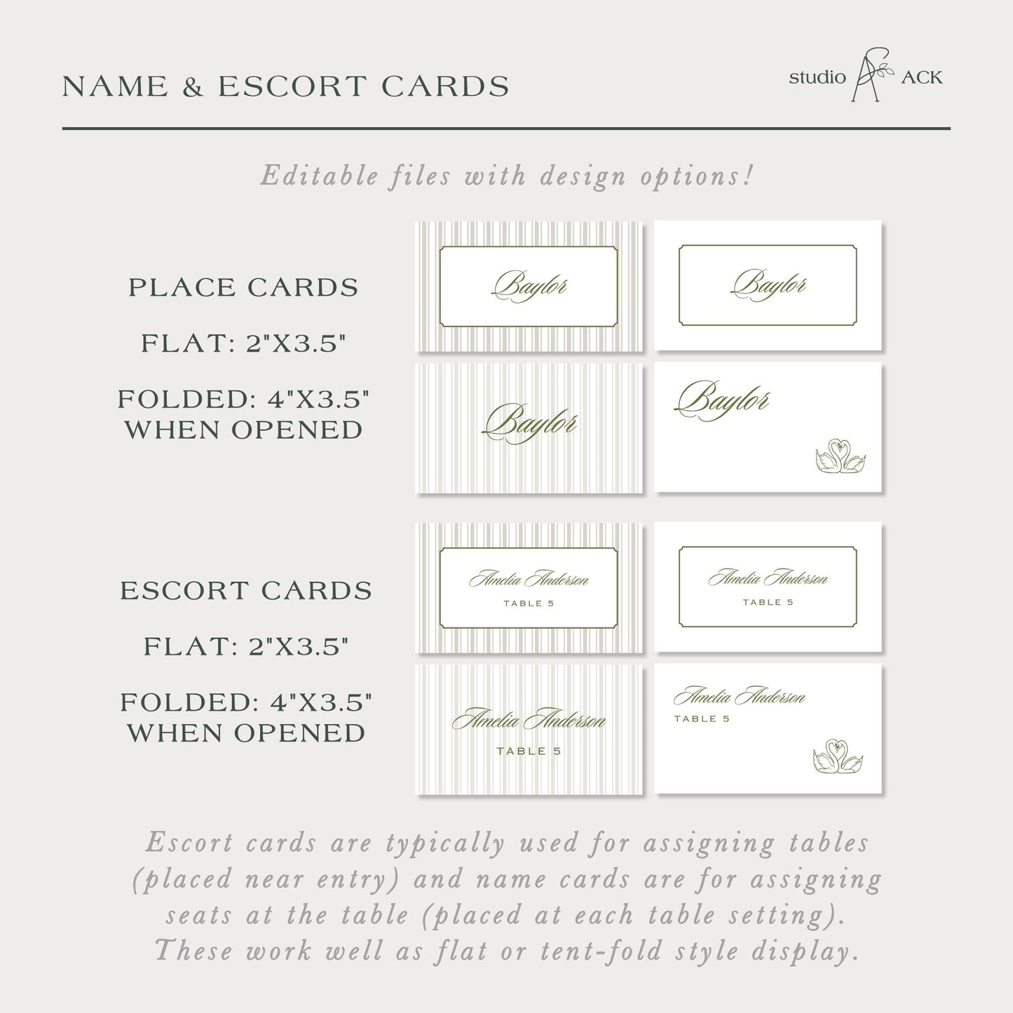 a collection of name and escort cards, which are typically used for assigning tables and name cards for seating at the table. These cards can be placed near the entry or at each table setting, depending on the style of display.