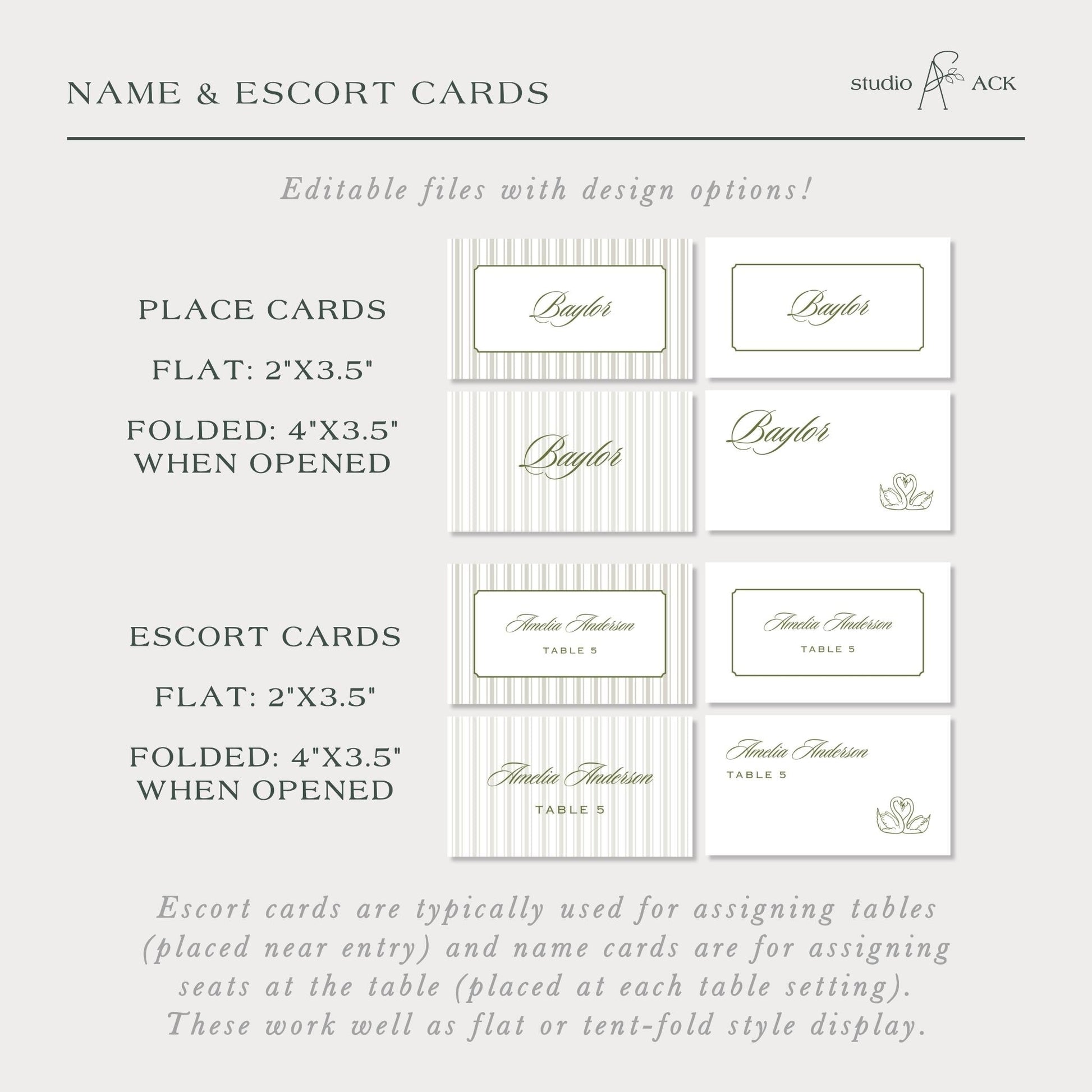 a collection of name and escort cards, which are typically used for assigning tables and name cards for seating at the table. These cards can be placed near the entry or at each table setting, depending on the style of display.
