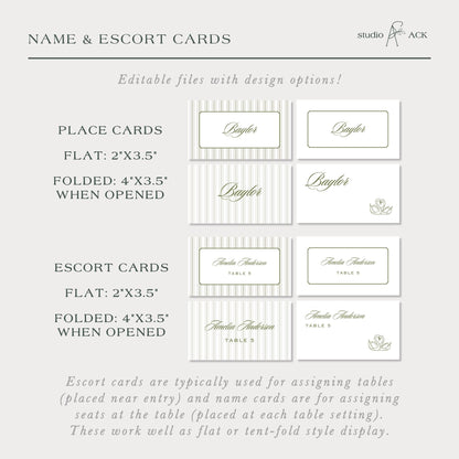 a collection of name and escort cards, which are typically used for assigning tables and name cards for seating at the table. These cards can be placed near the entry or at each table setting, depending on the style of display.