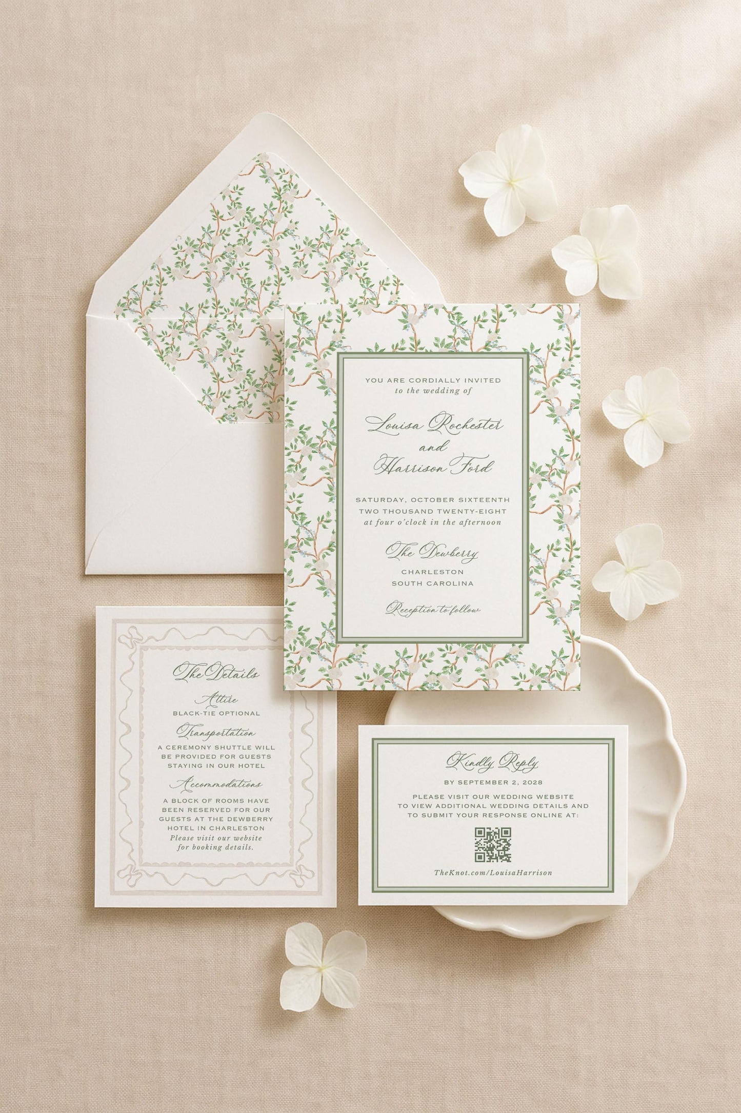 Neutral Chinoiserie Wedding Invitation Suite Template