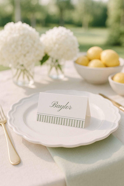 Green Striped Wedding Place Card Template