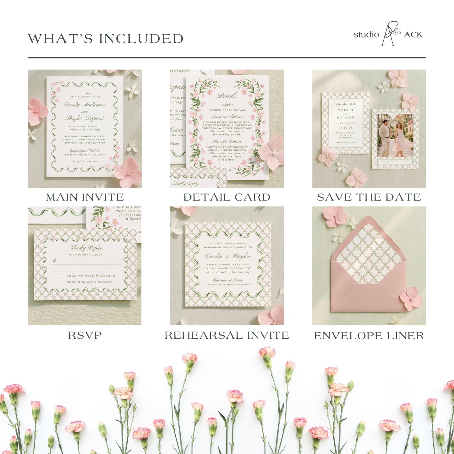 The image is a collage of six different wedding invitation designs, each with unique details and elements. The designs include a main invite, a detail card, a save the date card, an RSVP card, a rehearsal invite, and an envelope liner. The images showcase the various stages of the wedding planning process, from the initial design to the final execution.