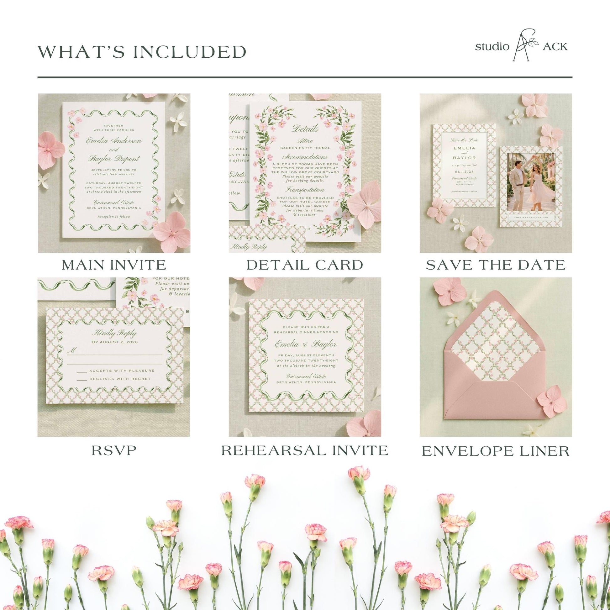 The image is a collage of six different wedding invitation designs, each with unique details and elements. The designs include a main invite, a detail card, a save the date card, an RSVP card, a rehearsal invite, and an envelope liner. The images showcase the various stages of the wedding planning process, from the initial design to the final execution.