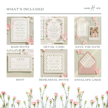 The image is a collage of six different wedding invitation designs, each with unique details and elements. The designs include a main invite, a detail card, a save the date card, an RSVP card, a rehearsal invite, and an envelope liner. The images showcase the various stages of the wedding planning process, from the initial design to the final execution.