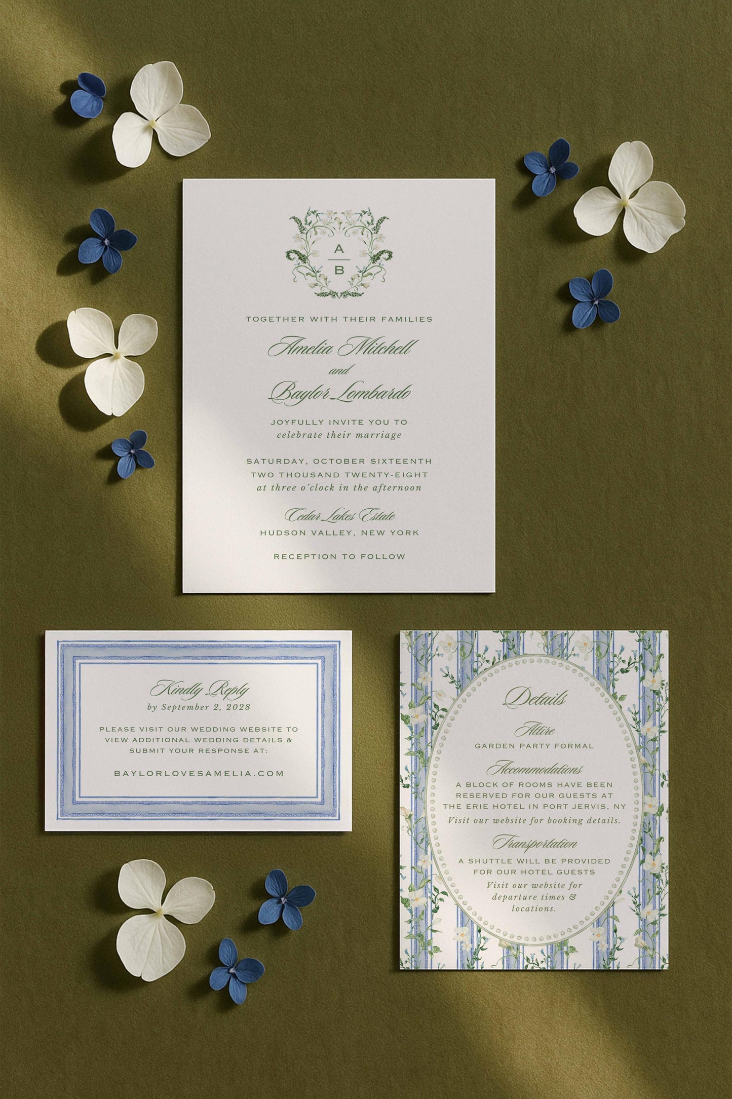 Blue, White & Green Wedding Invitation Suite Template