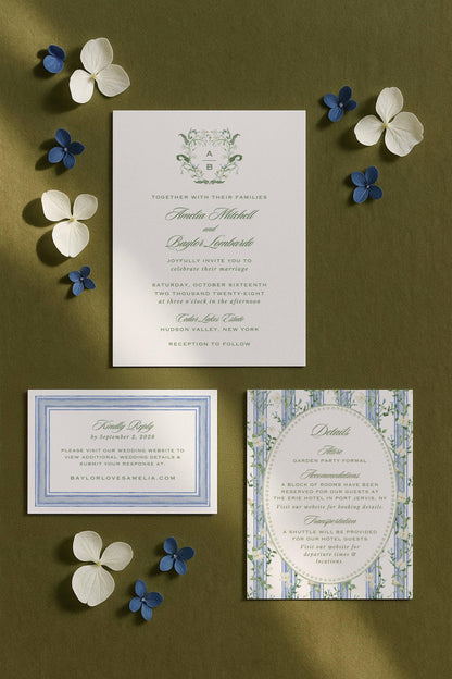 Blue, White & Green Wedding Invitation Suite Template