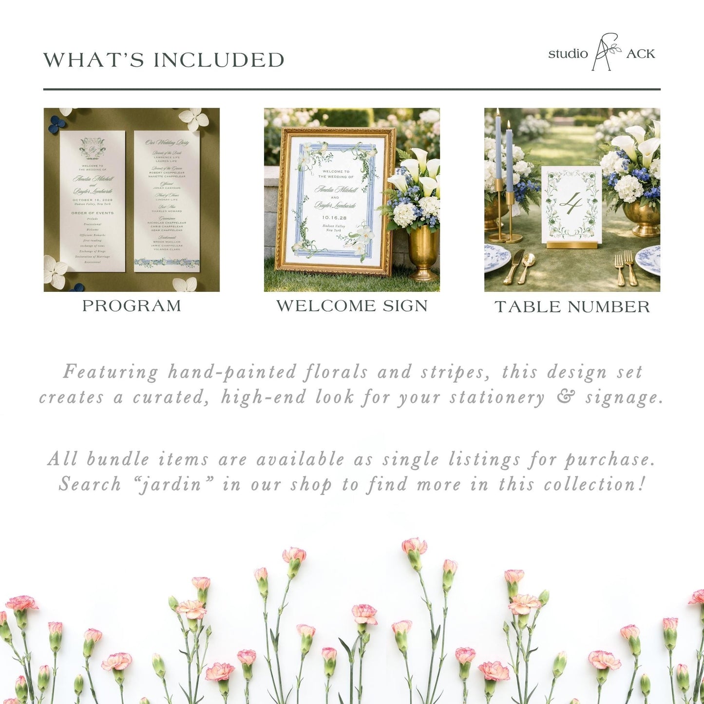 The image is a collage of three different design sets, each featuring a unique floral and striped design. The first set includes a wedding invitation, the second set features a welcome sign, and the third set displays a table number. The text in the image provides information about the items included in each design set, stating that they are available as single listings for purchase and that the viewer can search for "jardin" in the shop to find more in this collection.