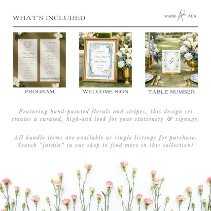 The image is a collage of three different design sets, each featuring a unique floral and striped design. The first set includes a wedding invitation, the second set features a welcome sign, and the third set displays a table number. The text in the image provides information about the items included in each design set, stating that they are available as single listings for purchase and that the viewer can search for "jardin" in the shop to find more in this collection.