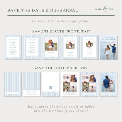 a series of wedding invitation designs with a focus on the date and rehearsal details. The designs include text and images that provide information about the wedding date, time, and location, as well as instructions for adding engagement photos to the template. The text and images are arranged in a grid format, and the overall layout is clean and organized.