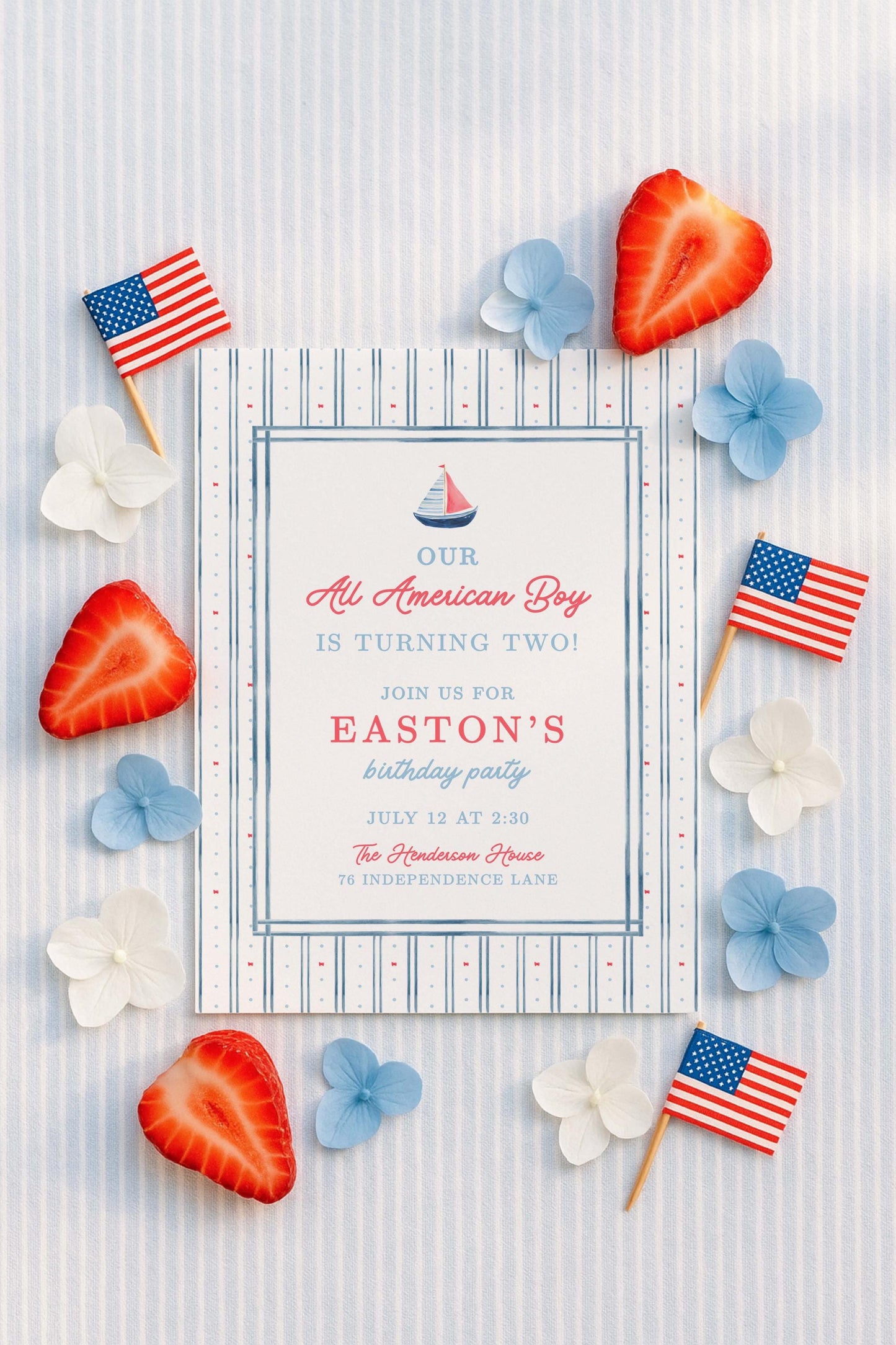 All American Boy Birthday Invitation Template, Red White Blue Striped Boy Birthday Invite, Hand Painted Watercolor Design, Patriotic Party