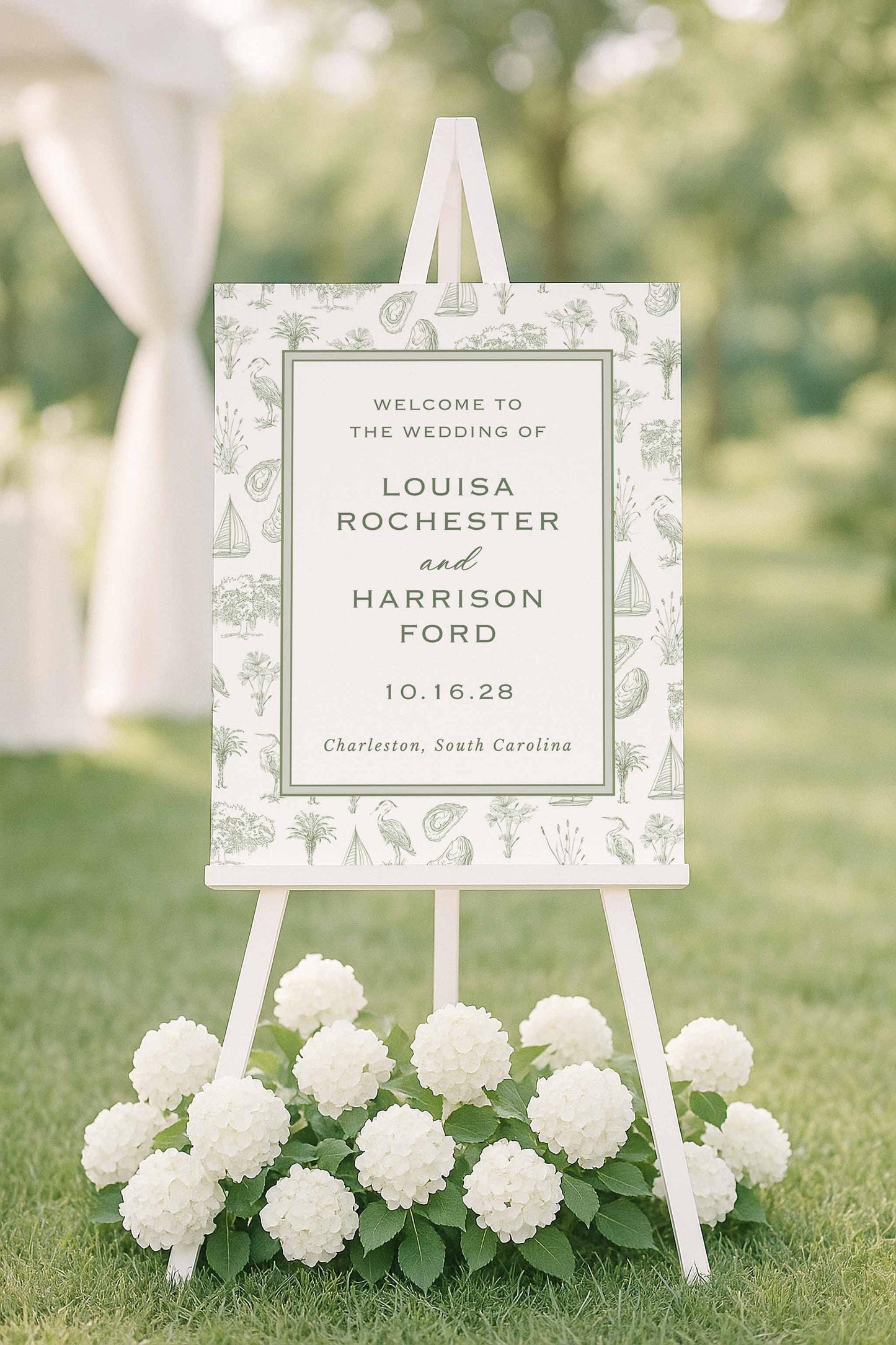 Elegant southern wedding welcome sign with a hand-drawn toile pattern of coastal icons including palmettos, egrets, oysters, oak trees, sailboats, and marsh elements. Canva editable template for printing at home or through a professional print shop. Perfect for coastal weddings, southern events, and fine art-inspired celebrations.