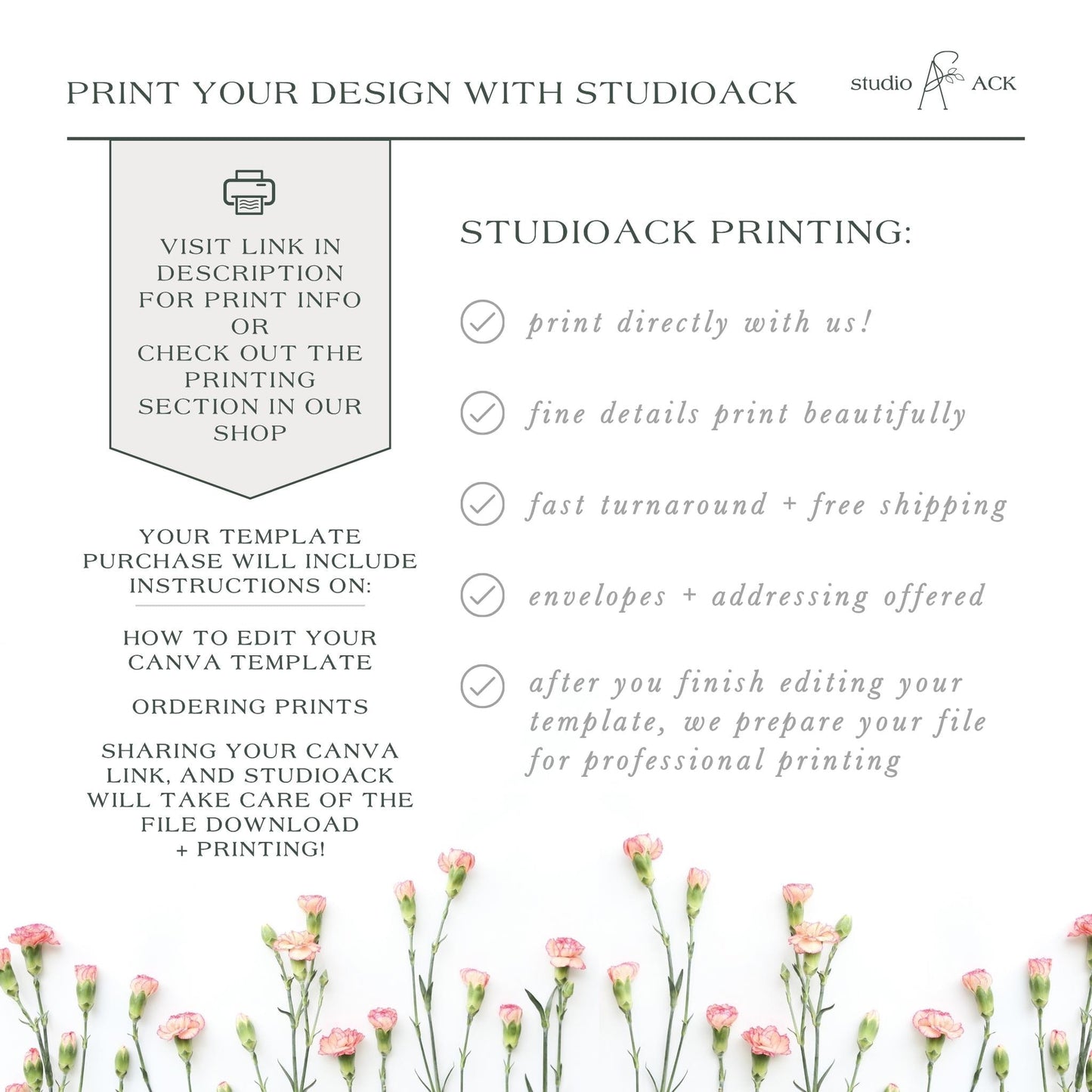 a floral background with a text box containing information about StudioAck printing services.