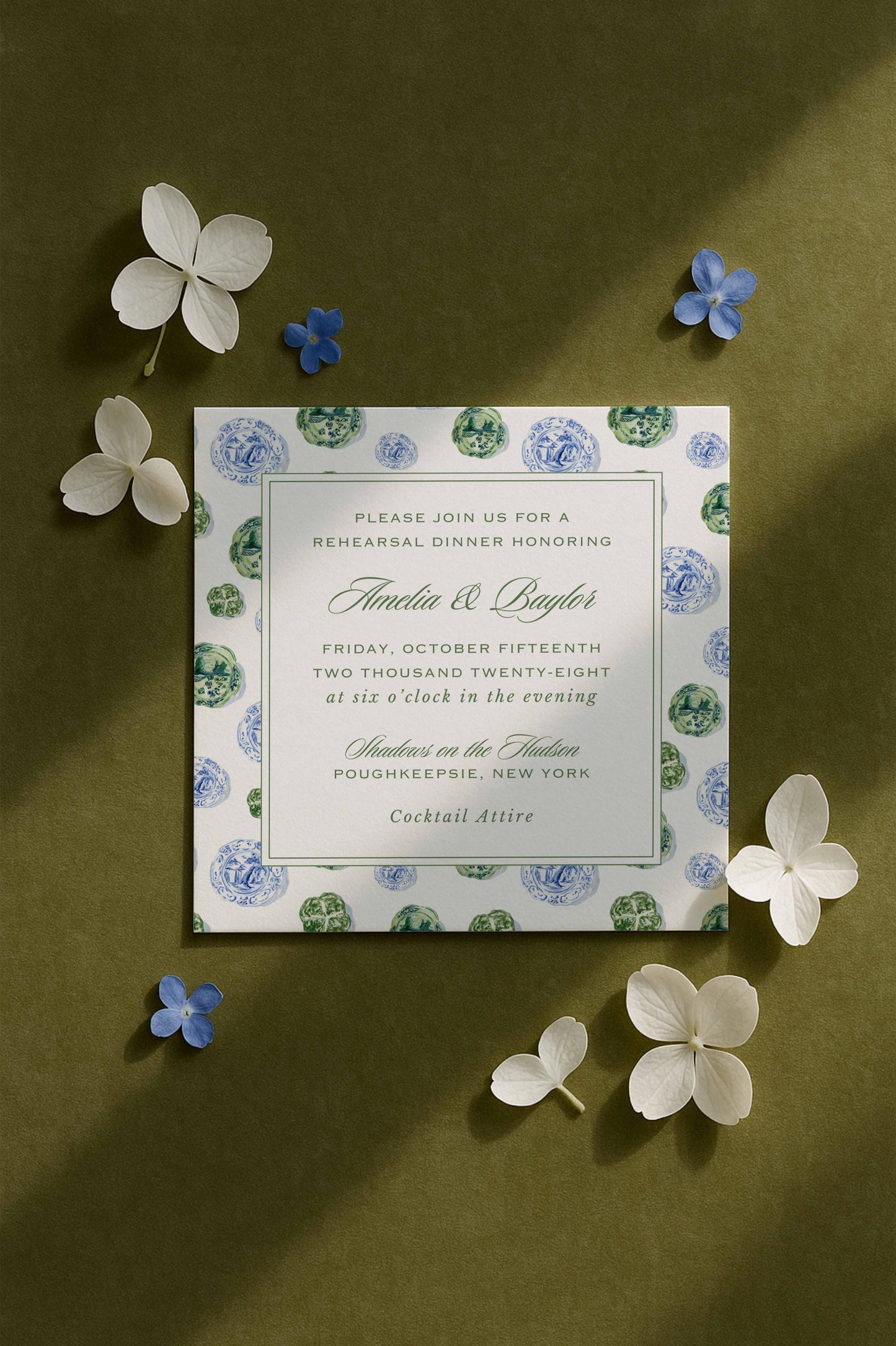 Blue, White & Green Rehearsal Dinner Invitation