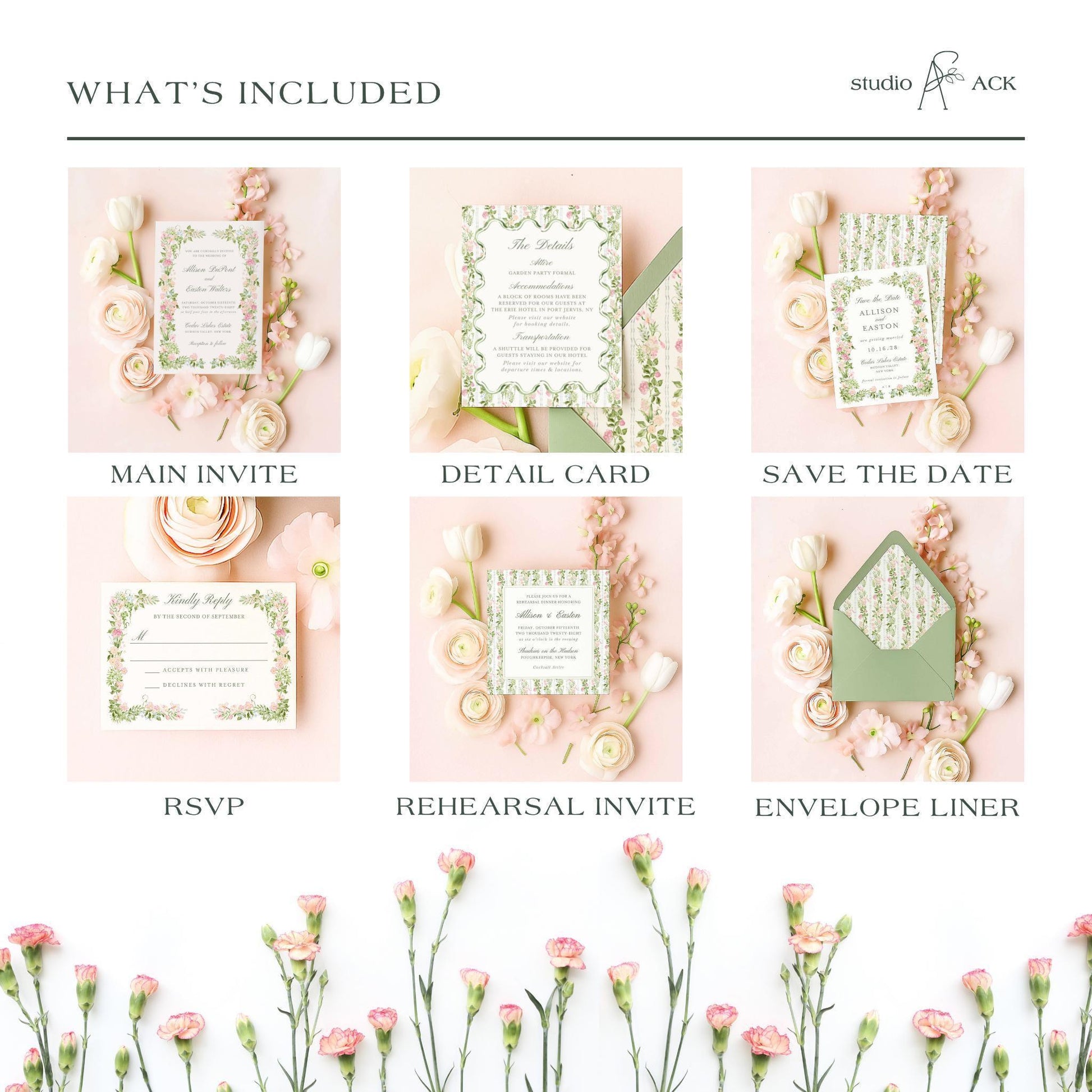 Green envelope with matching floral liner and coordinating watercolor invitation placed among blush flowers. Overview of wedding invitation suite components from Studio ACK, showing main invite, details card, save the date, RSVP, rehearsal card, and envelope liner styled with florals.