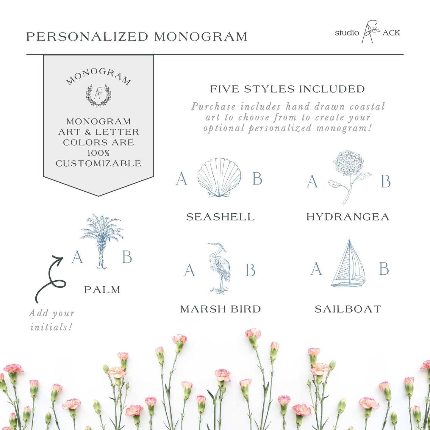 The image is a personalized monogram featuring five different styles, each represented by a unique letter and color combination. The styles include a palm, a seashell, a hydrangea, a marshes bird, and a sailboat. The monogram is customizable, allowing the user to choose their preferred style from the available options.