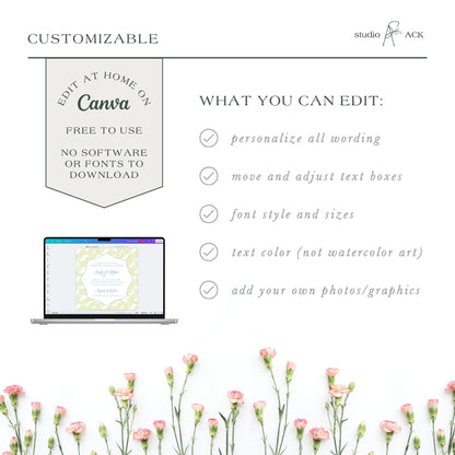 a laptop displaying a canvas application with a floral background. The laptop screen shows a design that includes a pattern of pink and green flowers. The image does not contain any text, and there are no other objects or elements visible.