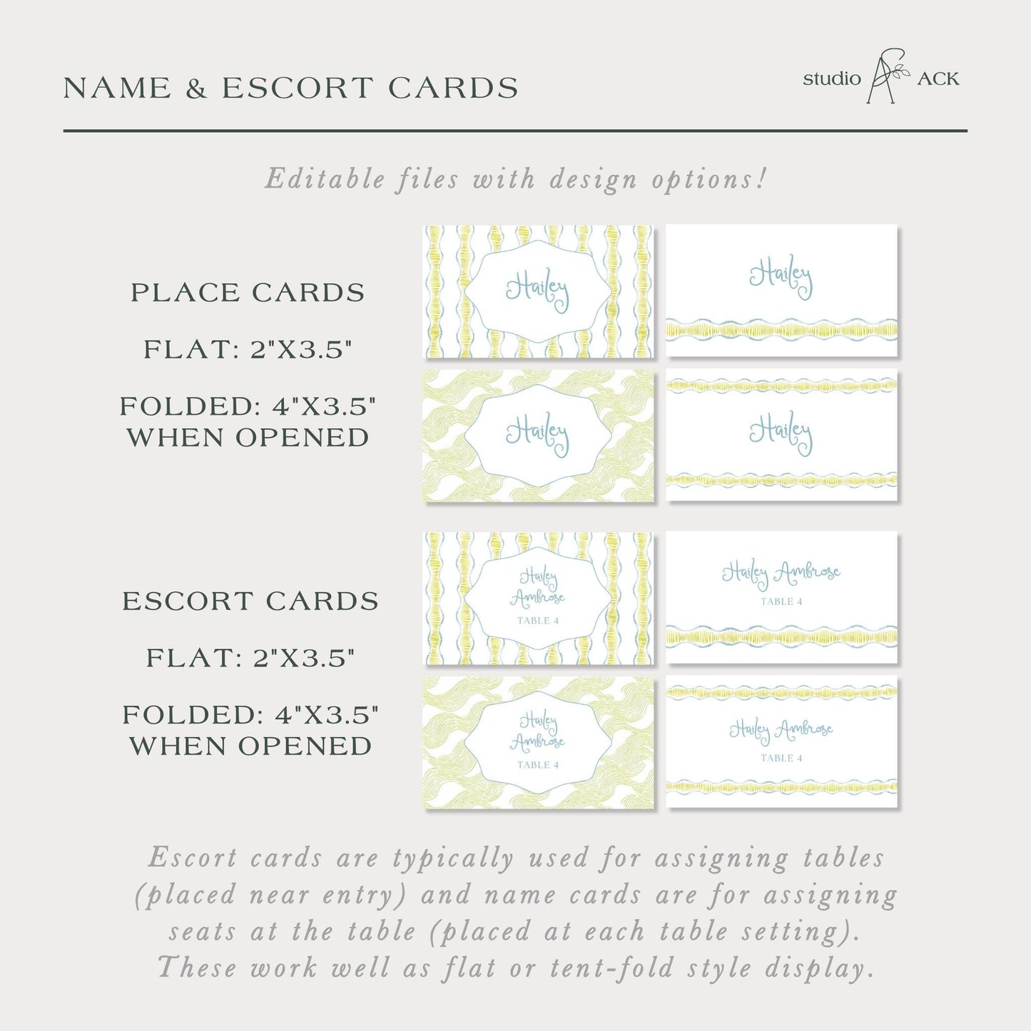 a collection of name and escort cards, which are typically used for assigning tables and name cards for each table setting. These cards can be edited with design options, making them a versatile tool for event planning and decoration.