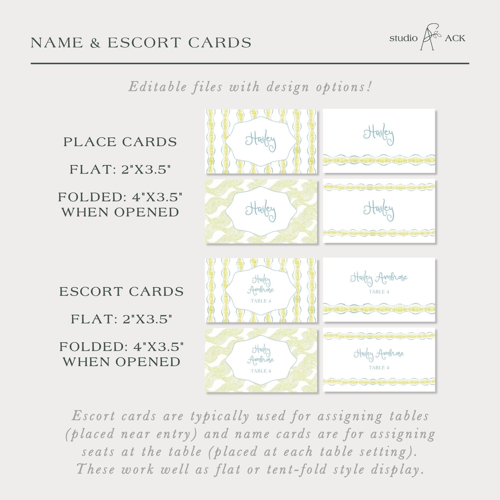 a collection of name and escort cards, which are typically used for assigning tables and name cards for each table setting. These cards can be edited with design options, making them a versatile tool for event planning and decoration.