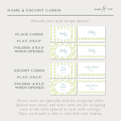 a collection of name and escort cards, which are typically used for assigning tables and name cards for each table setting. These cards can be edited with design options, making them a versatile tool for event planning and decoration.