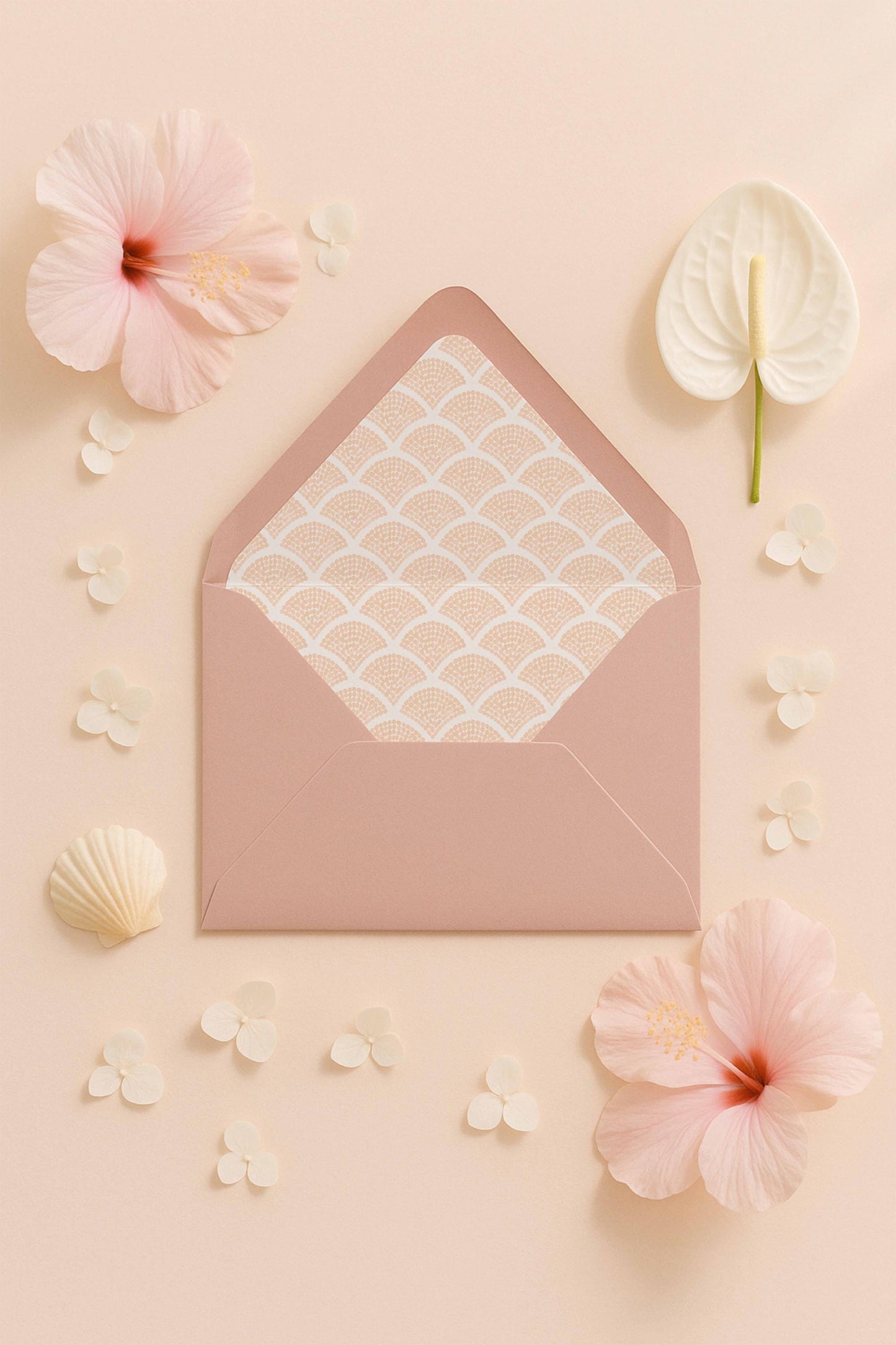 a pink envelope with a patterned paper inside, surrounded by various pink flowers and small white flowers on a light peach background.