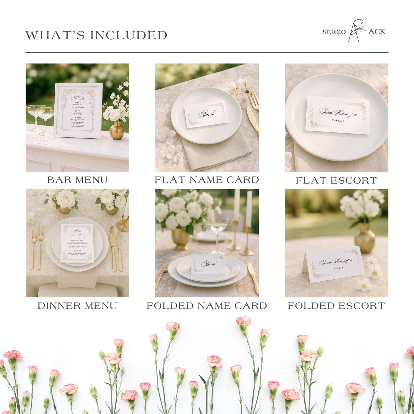 Romantic botanical wedding template collection featuring invitations, menus, signs, and stationery in soft neutral tones.