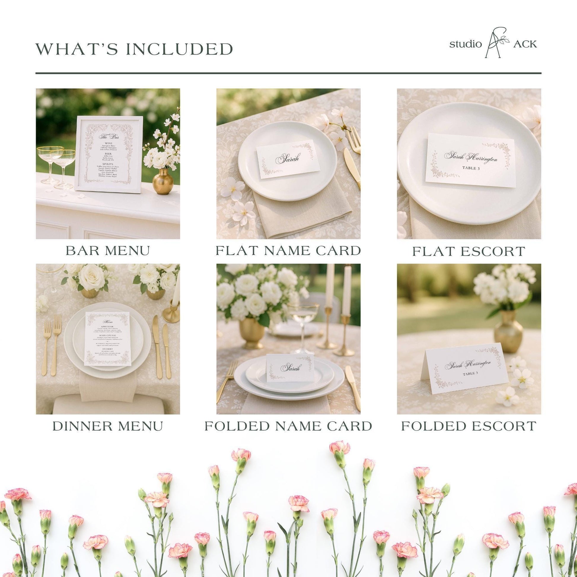 Romantic botanical wedding template collection featuring invitations, menus, signs, and stationery in soft neutral tones.