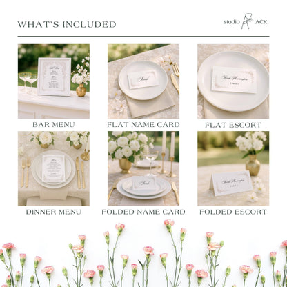 Romantic botanical wedding template collection featuring invitations, menus, signs, and stationery in soft neutral tones.