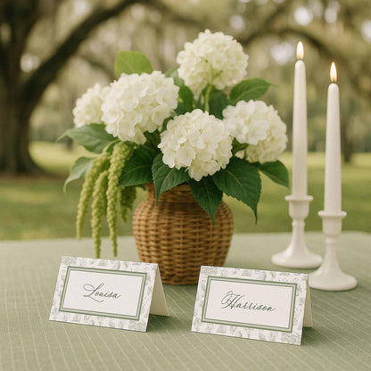 Lowcountry wedding place cards featuring hand-illustrated southern toile elements