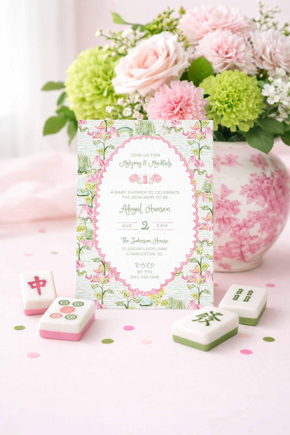 Digital Baby Shower Template Mahjong Mocktails Theme Customizable Invitation Design Pink Scalloped Border Chinoiserie Pattern Background Editable Text Options Multiple Color Choices Elegant Announcement Card Expectant Mother Celebration