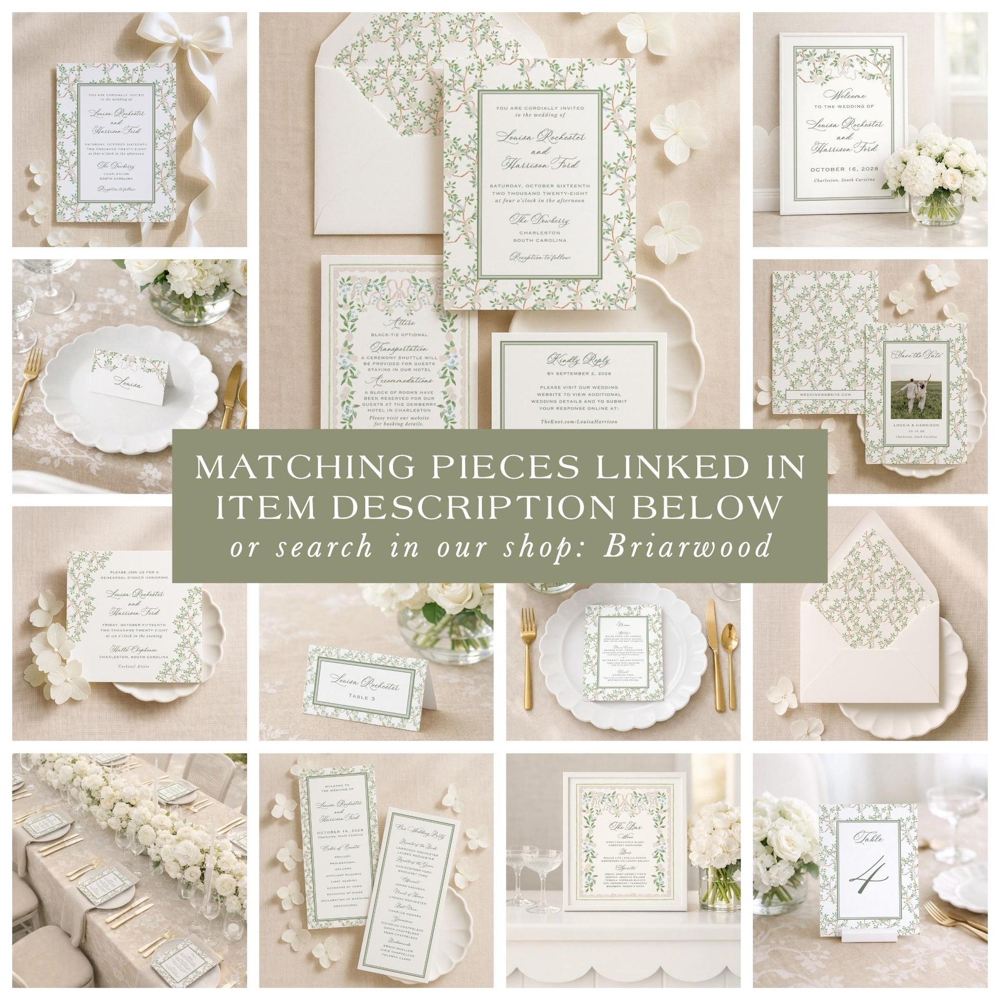 The image is a collage of various wedding-related items, including invitations, place settings, and other decorative elements, all featuring a floral design.