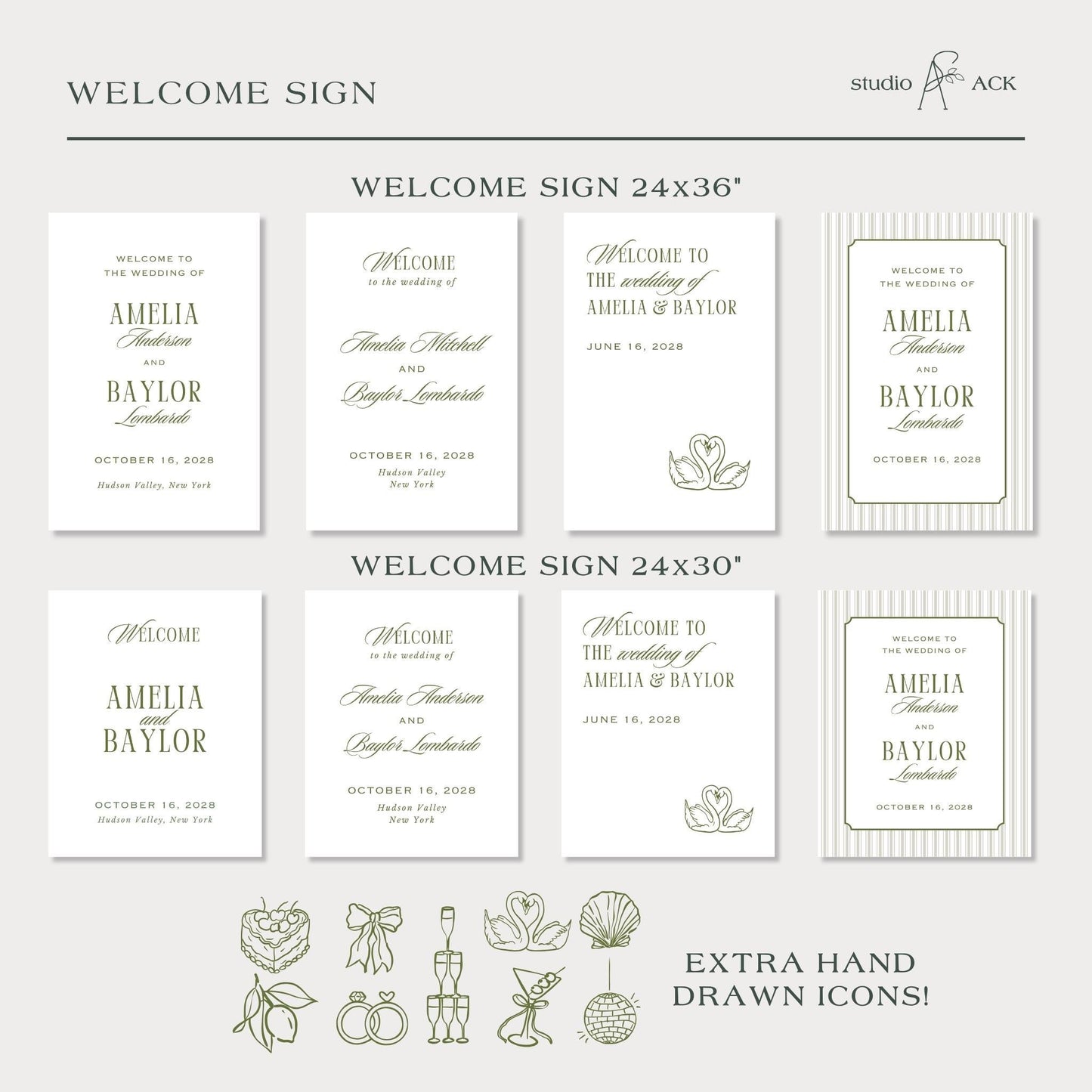 a collection of wedding welcome signs and icons, including the names of the bride and groom, the wedding date, and various decorative elements such as flowers, leaves, and birds.