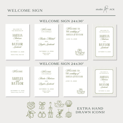 a collection of wedding welcome signs and icons, including the names of the bride and groom, the wedding date, and various decorative elements such as flowers, leaves, and birds.